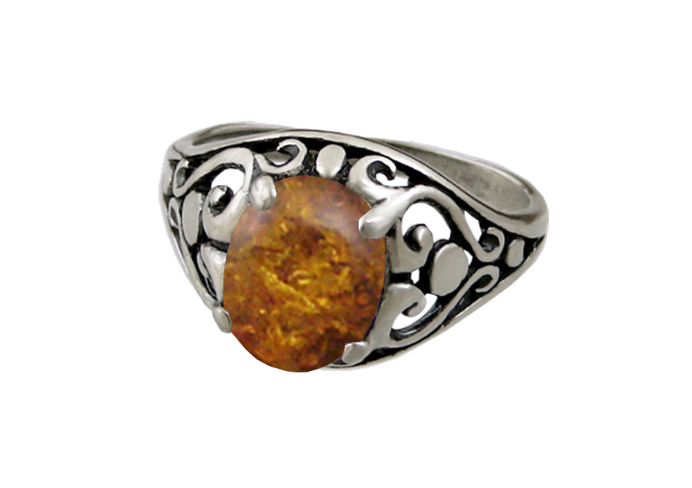 Sterling Silver Filigree Heart Ring With Amber Size 10
